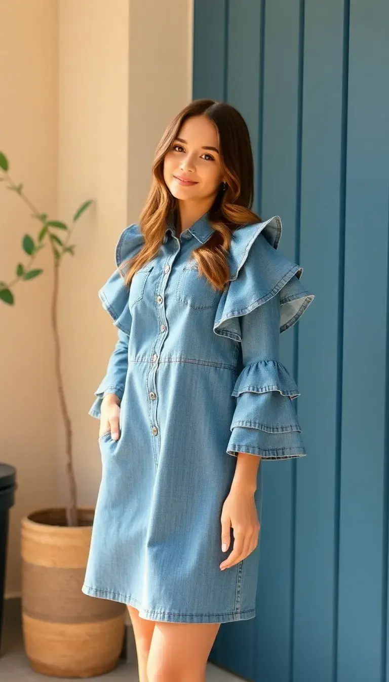 Denim Dress with Ruffle Sleeves