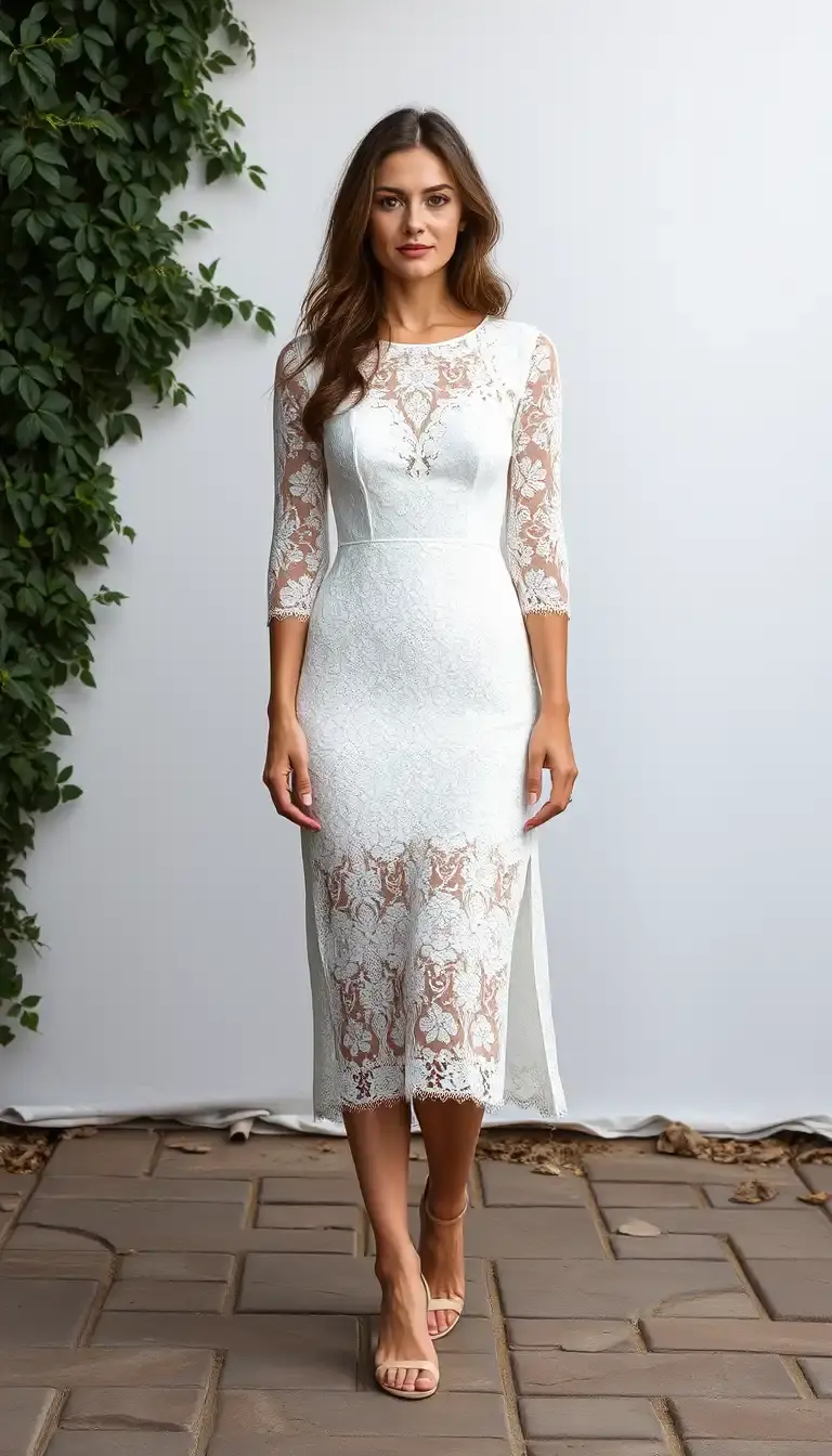 White Lace Midi Dress with sleeves