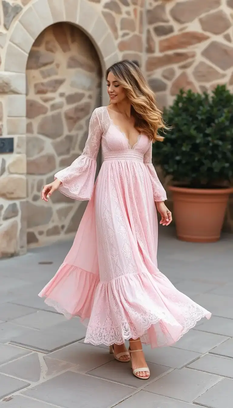 Soft pink lace maxi dress flowy
