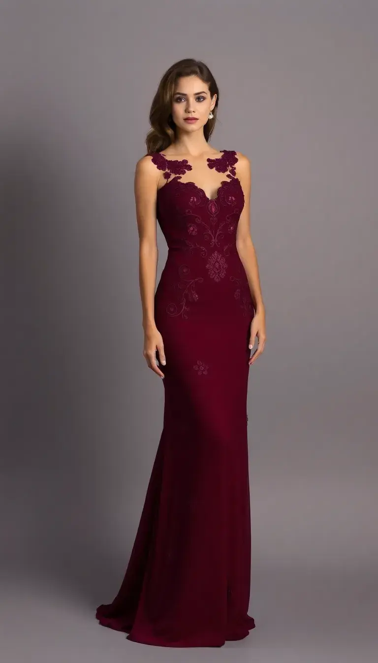 Burgundy Embroidered Evening Dress