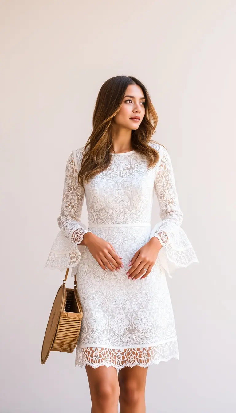 White Lace Dress with Bell Sleeves