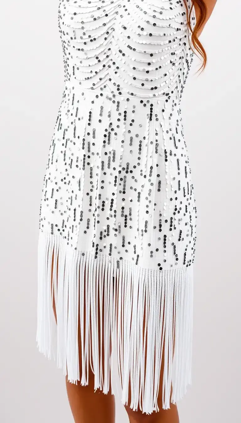 White Sequin Dress with Fringe