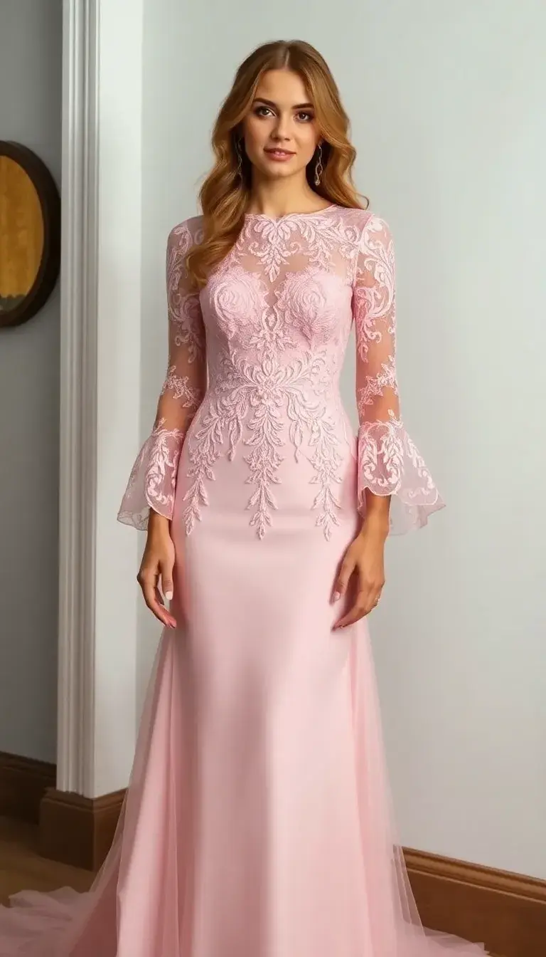 Delicate Pink Lace Prom Gown with Sleeves