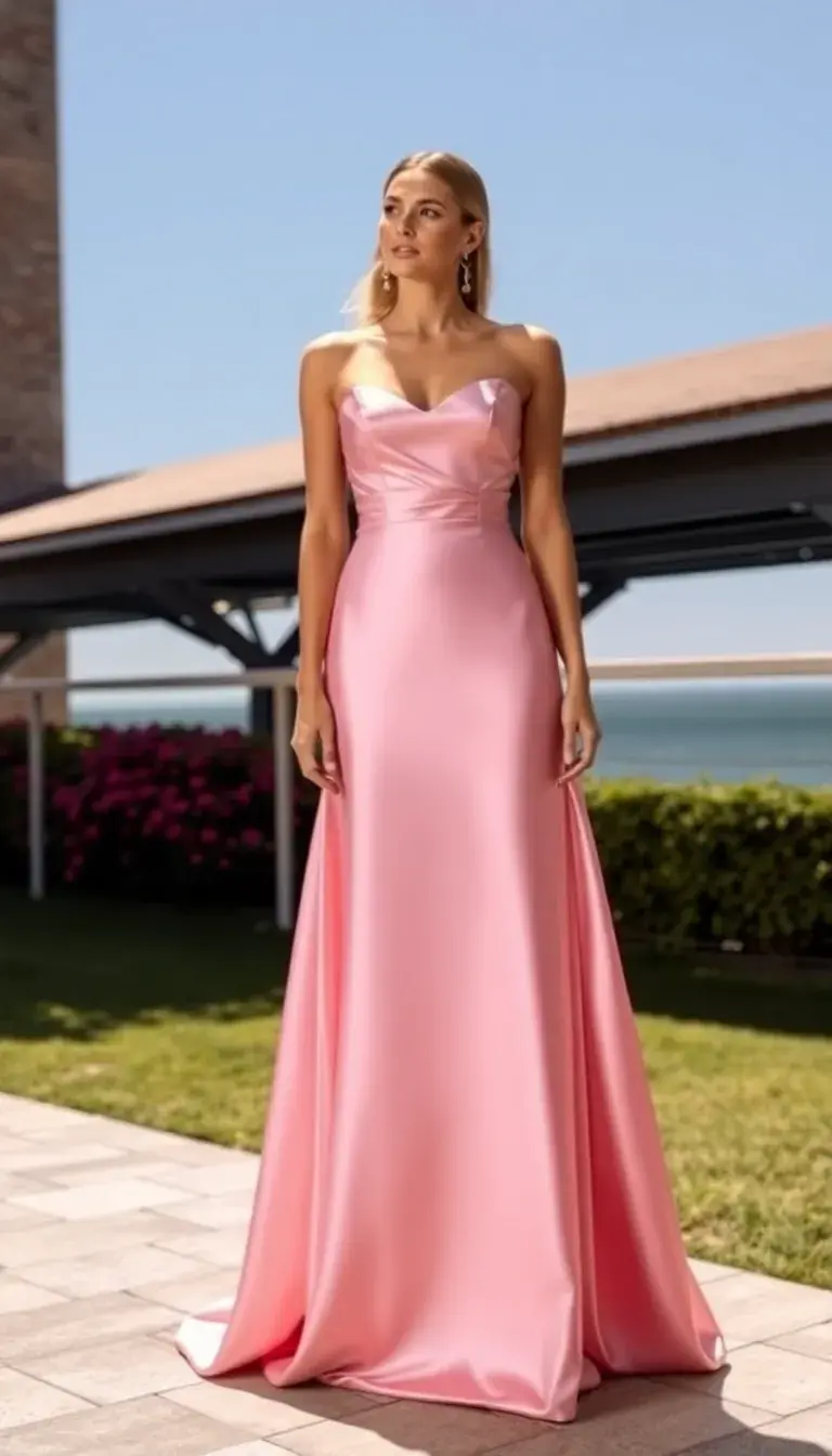 Smooth Pink Satin Prom Dress Elegant