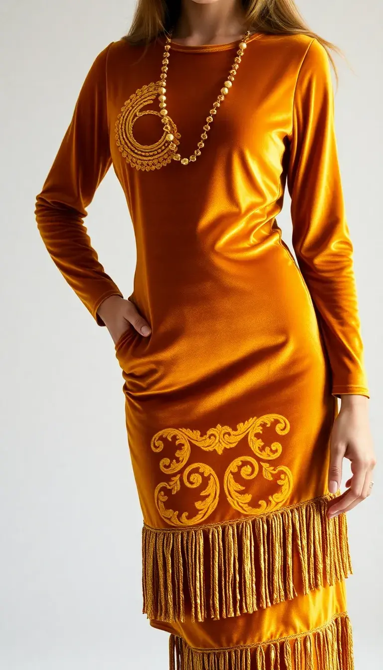 Gold Velvet Dress with fringe