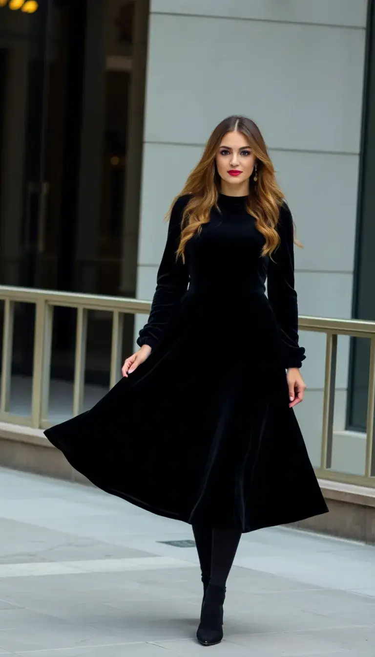 Black Long Sleeve Velvet dress plush