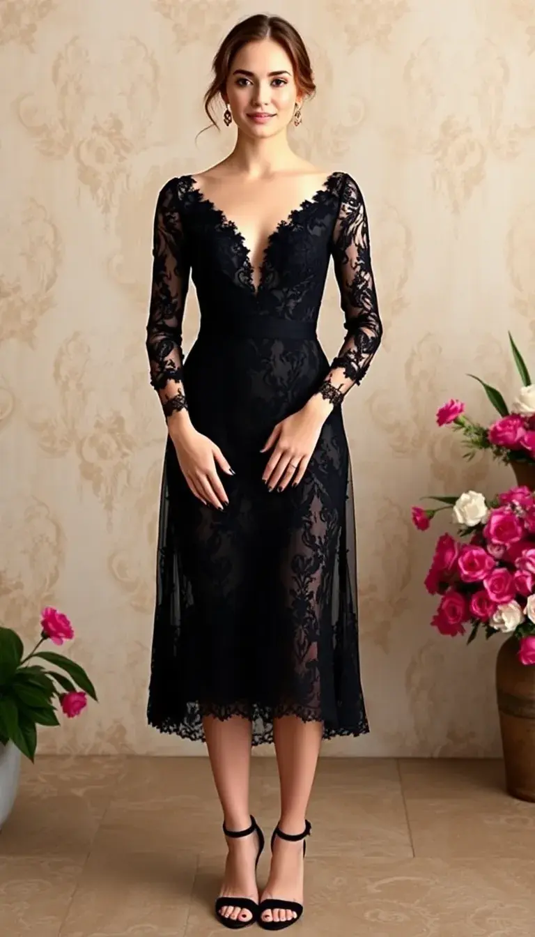 Black Lace Prom Midi Dress