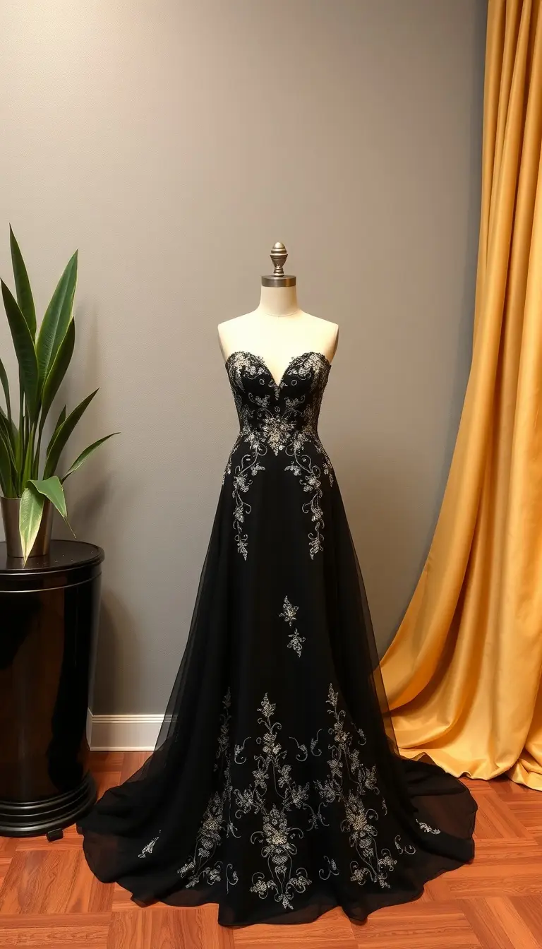 Black Embroidered Prom Dress