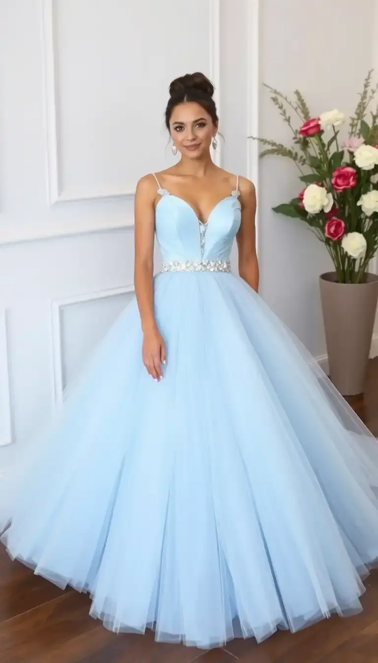Sky Blue Tulle Prom Gown