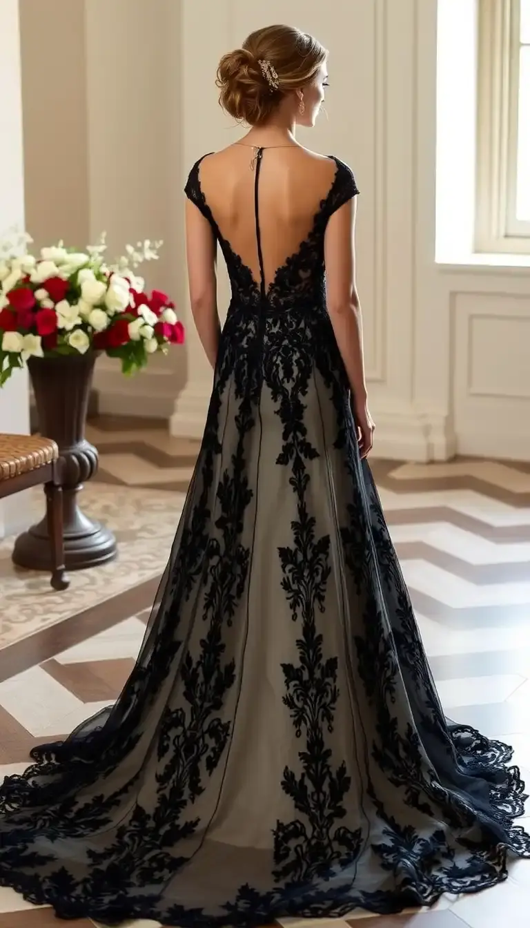 Black Lace Bridal Dress with Train