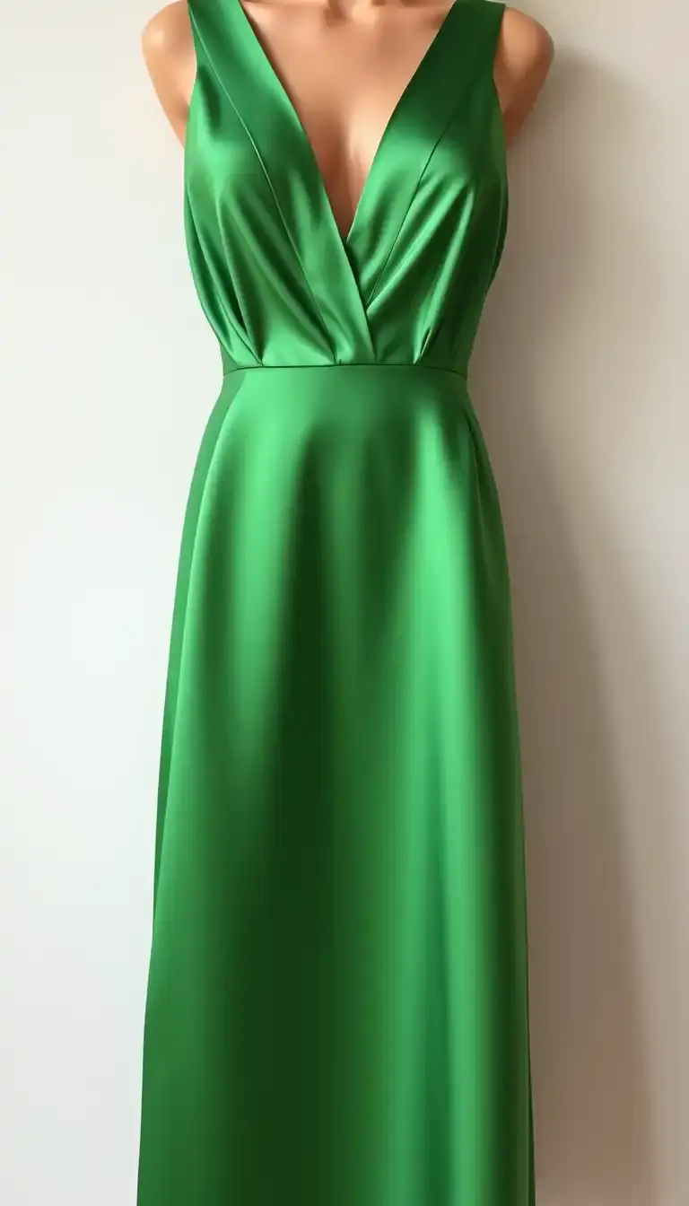 Green Satin Dress with V-Neck