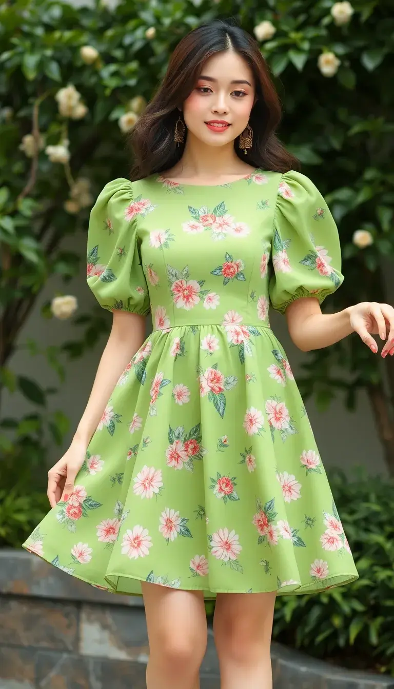 Green Floral Dress with Puff Sleeves