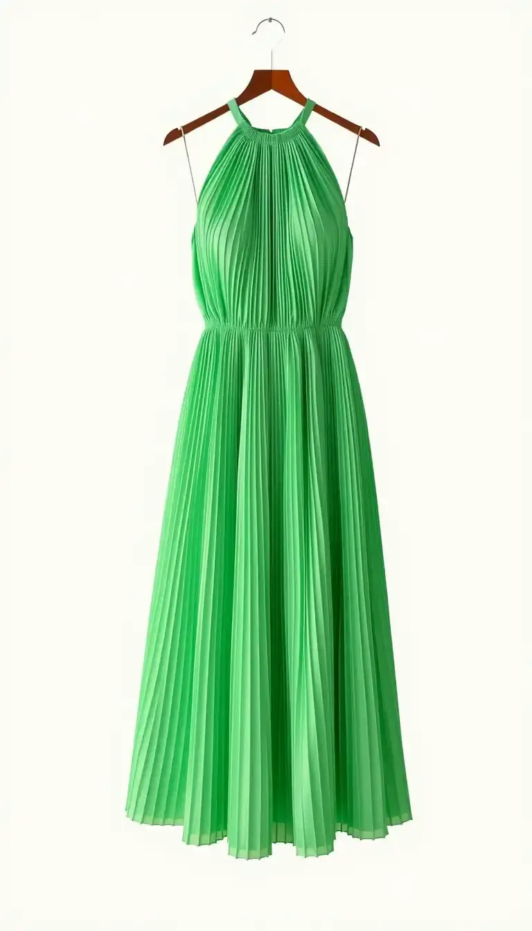 Green Halter Dress with Pleats