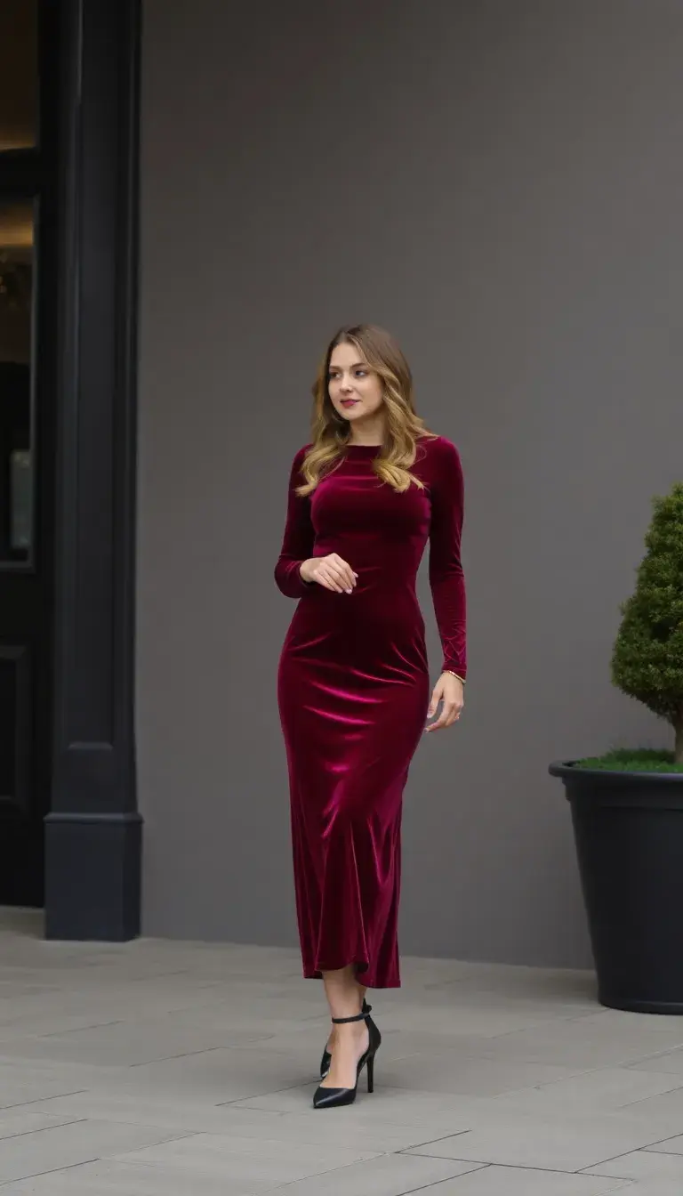 Burgundy Velvet Midi Dress