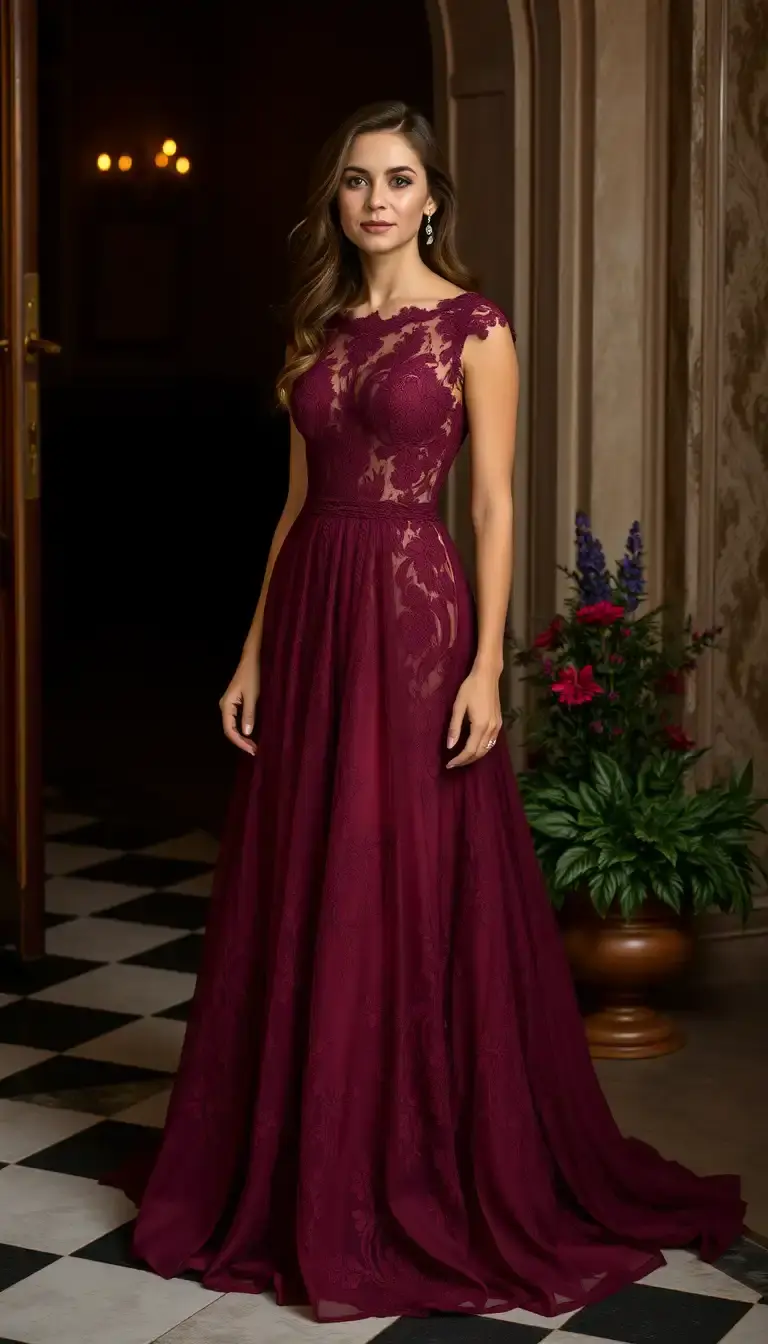 Burgundy Lace Evening Dress