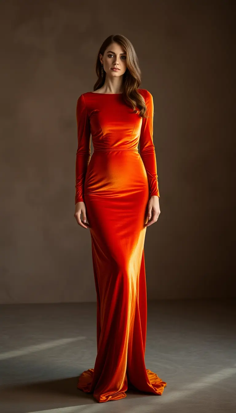 Burnt Orange Velvet Evening Dress