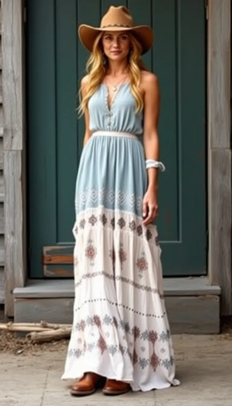 Maxi dress with cowboy boots, boho western style
