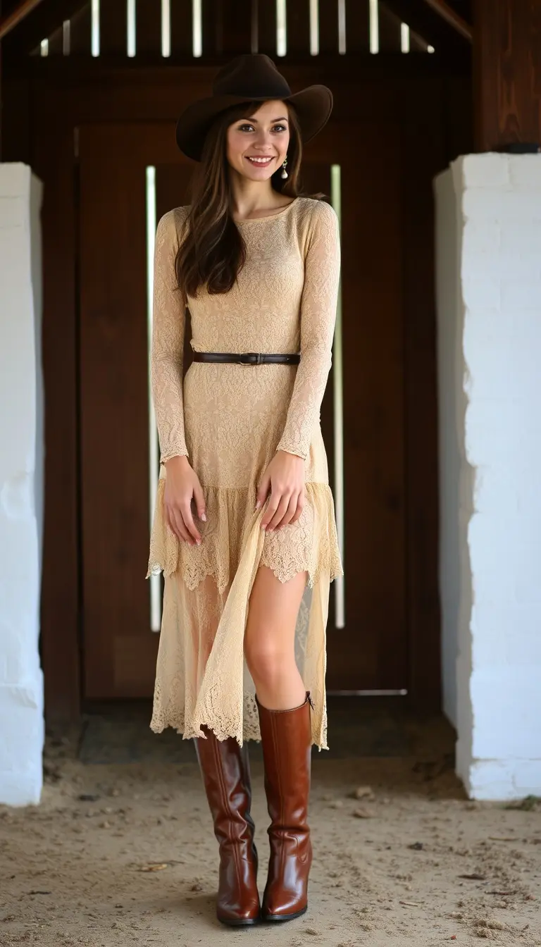 Lace dress with riding boots, equestrian style