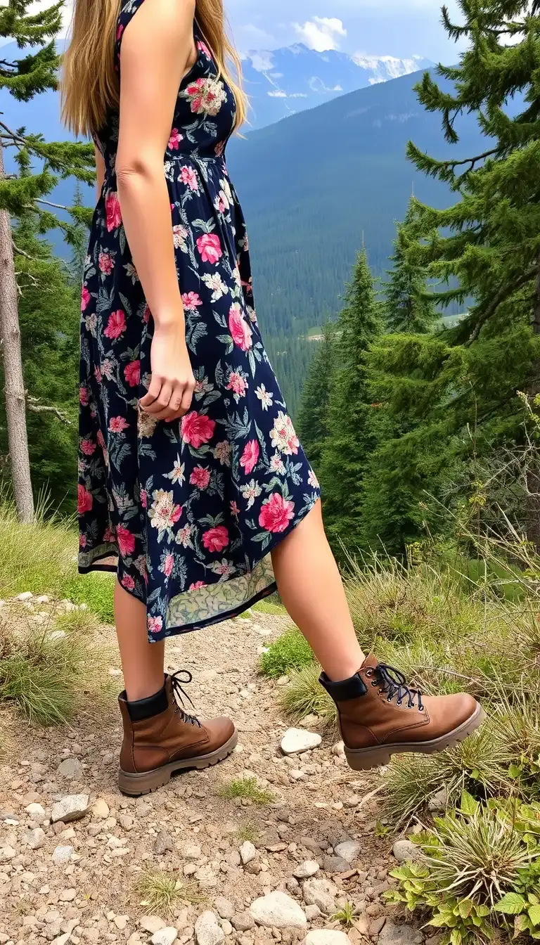 Floral dress with hiking boots, adventurous style