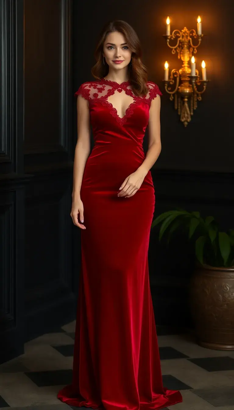 Ruby Red Velvet Evening Dress
