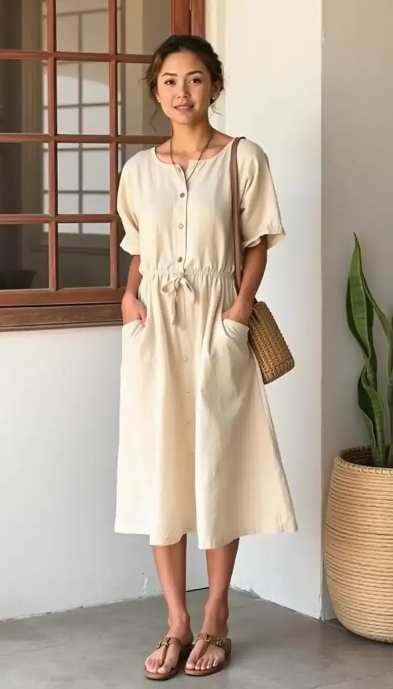 Beige Linen Midi Dress