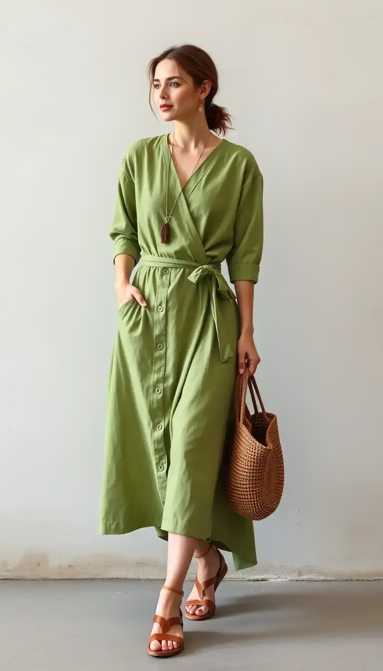 Green Linen Wrap Dress