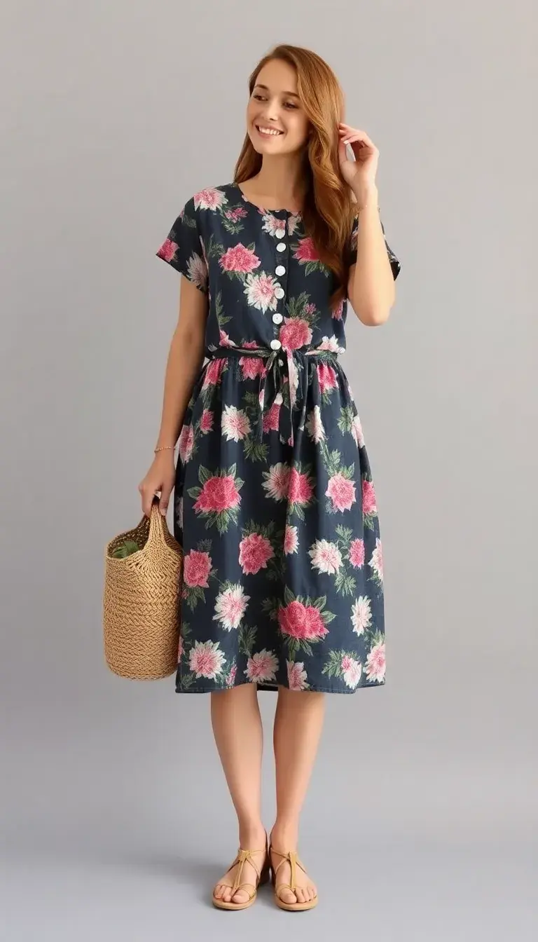 Floral Linen Casual Dress
