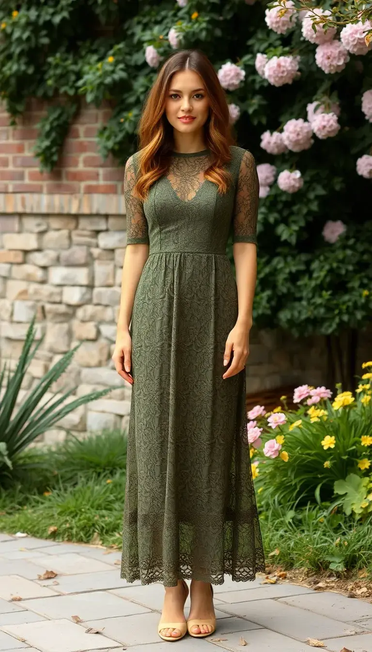 Olive Green Lace Midi Dress