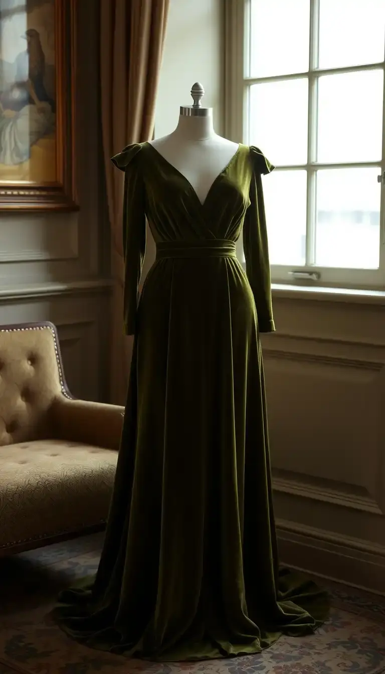Olive Green Velvet Evening Dress