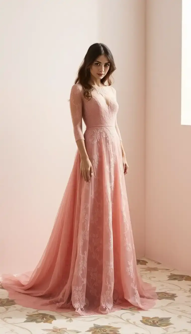 Pink Lace Maxi Evening Dress