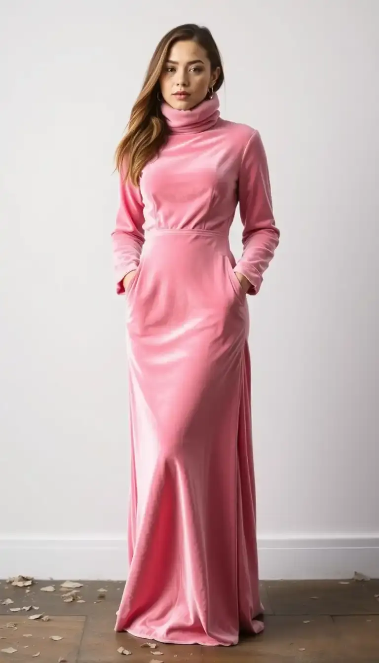 Pink Velvet Maxi Winter Dress