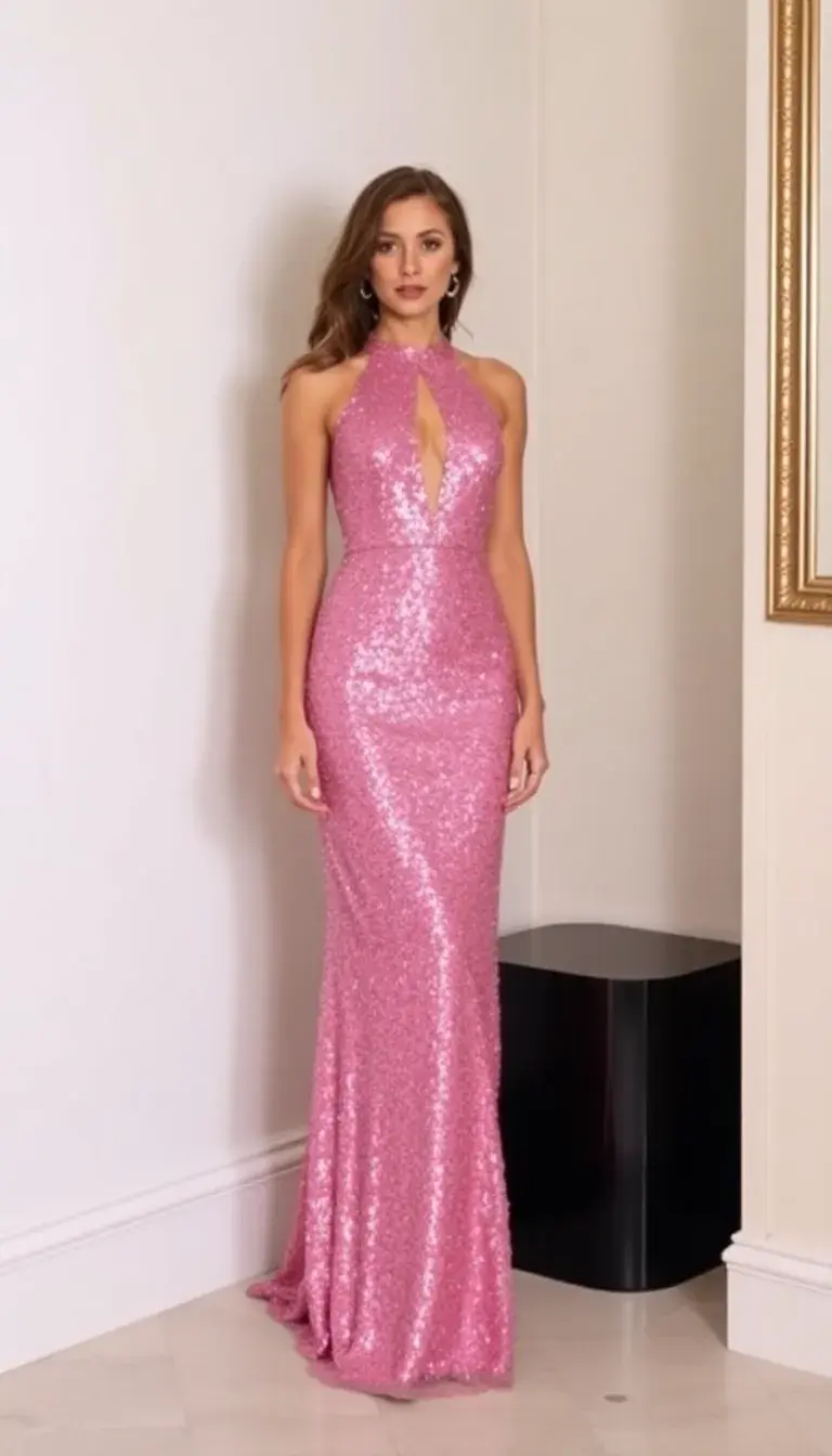 Pink Sequin Maxi Party Dress