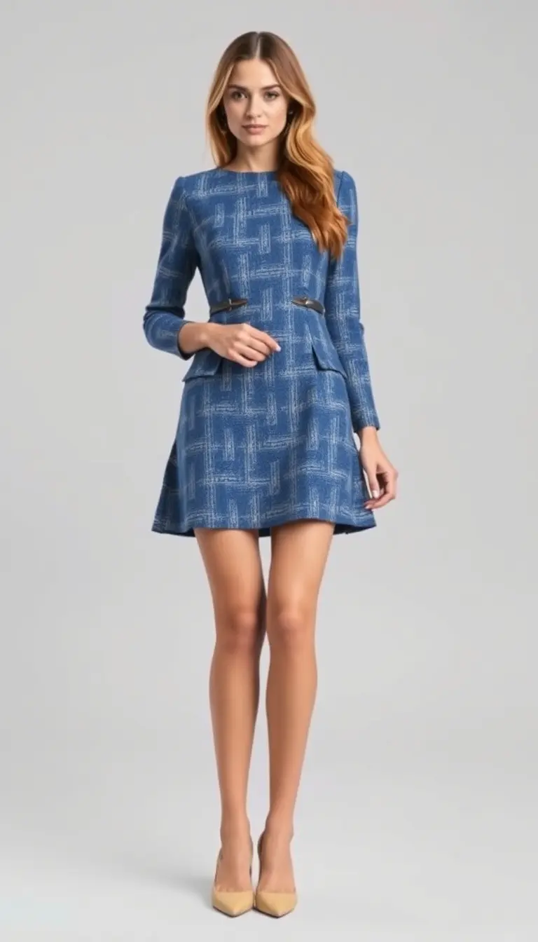 Sophisticated Blue Tweed A-Line Dress