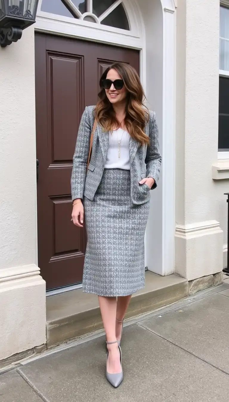 Neutral Gray Tweed Midi Outfit