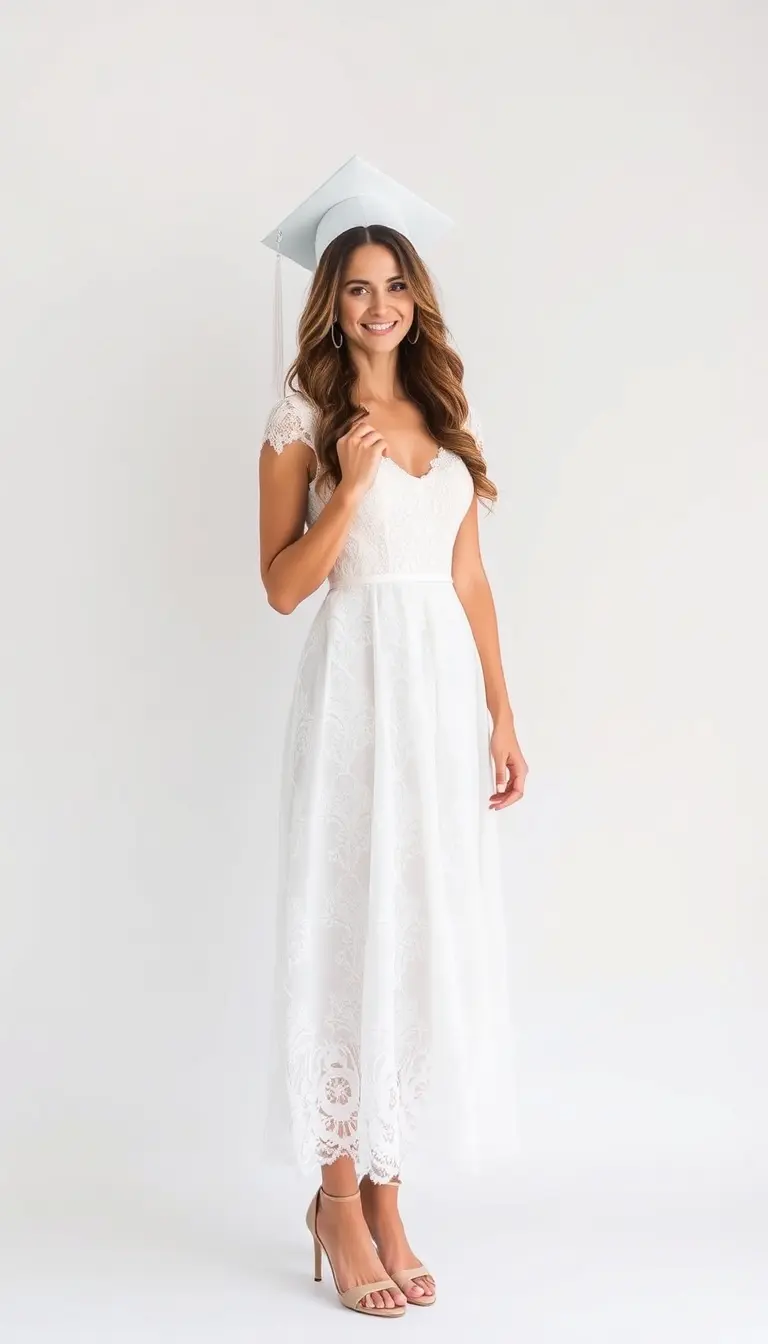 Delicate White Midi Lace Grad Dress