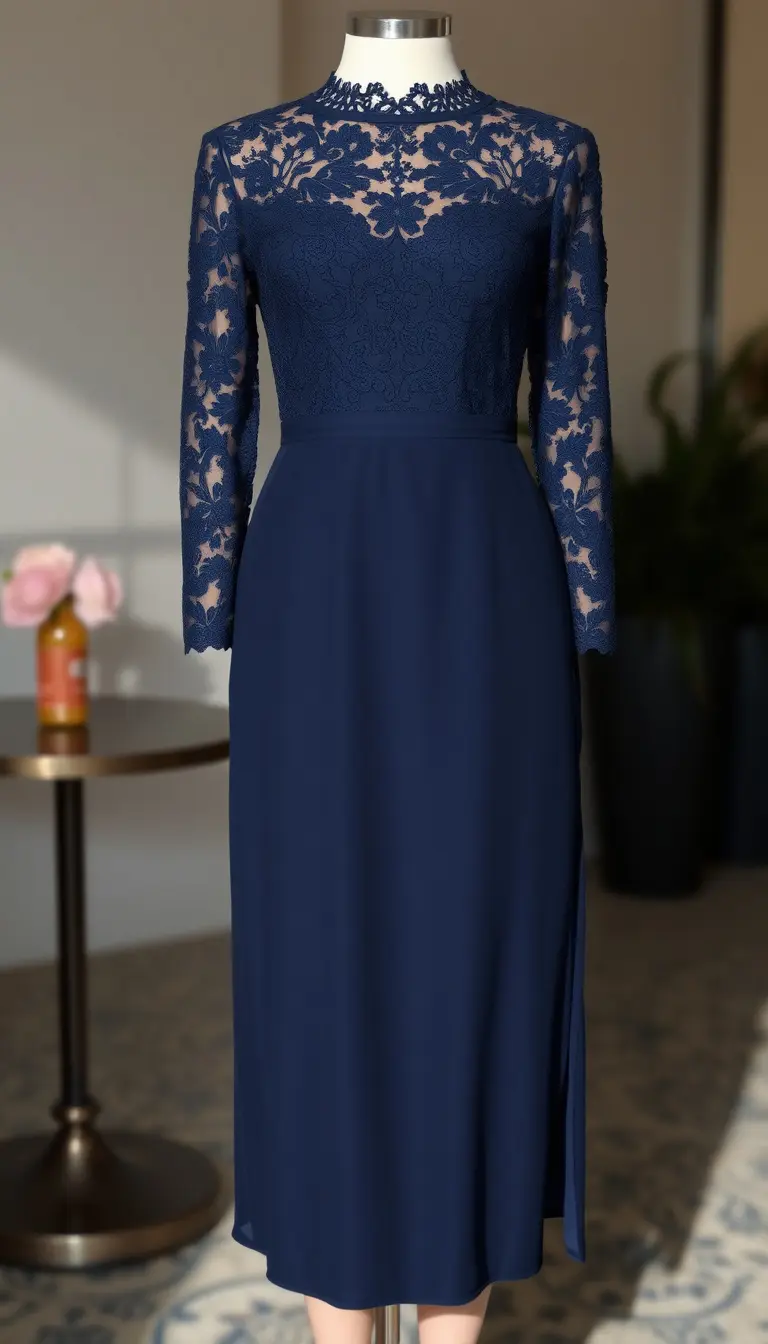 Navy Blue Lace Formal Dress with Sleeves