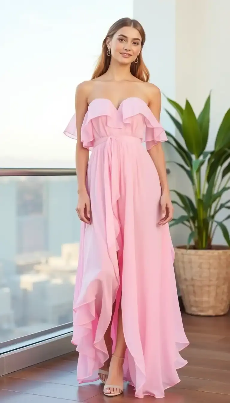 Pink Chiffon Formal Dress with Ruffles