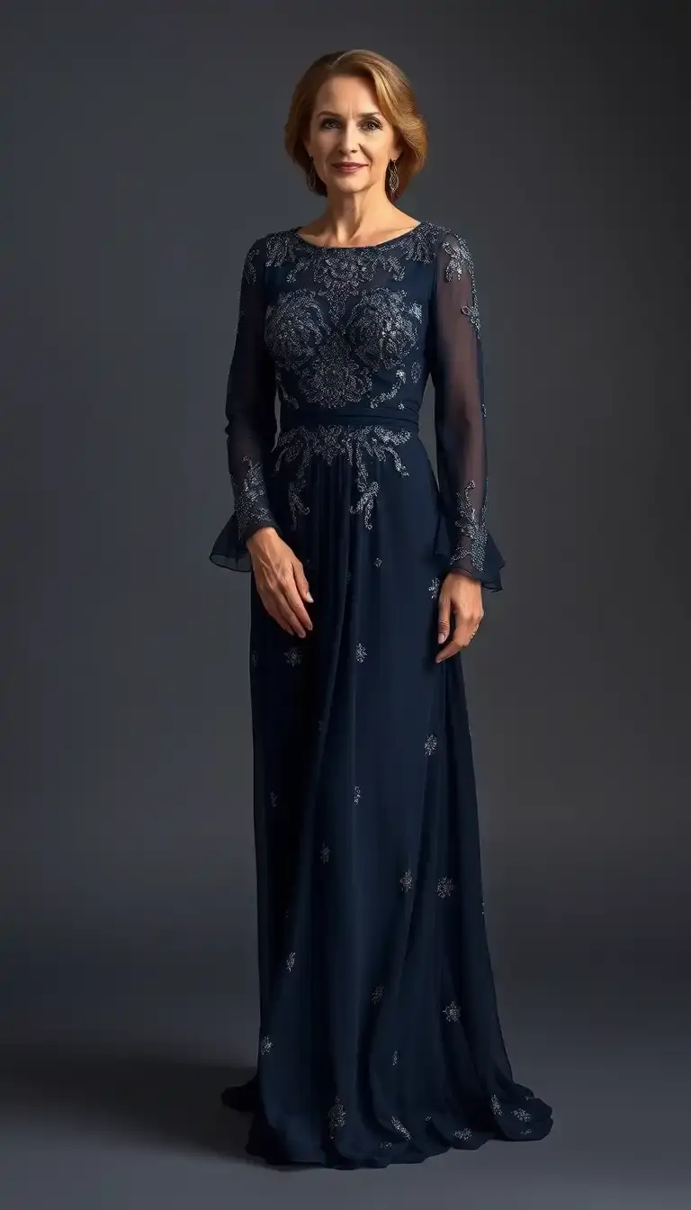 Navy Beaded Chiffon Gown