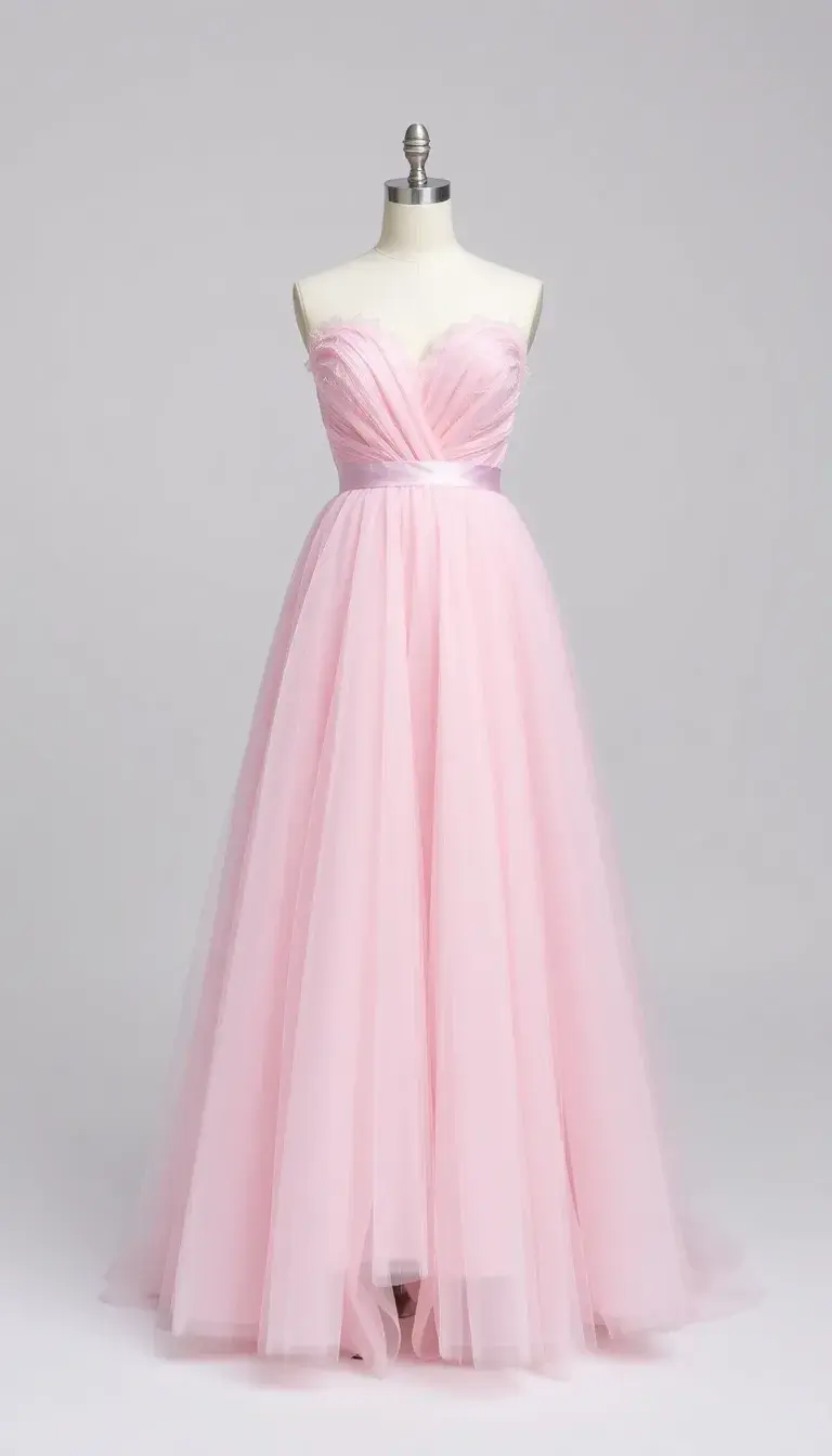 Pink A-Line Tulle Prom Dress sweetheart neck