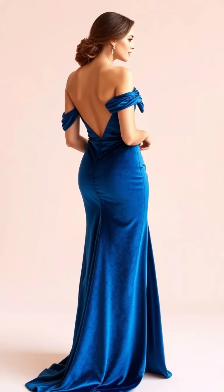 Blue Velvet Off-Shoulder Prom Gown long