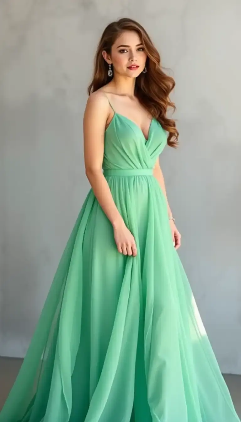 Green Chiffon Flowy Prom Dress sleeveless