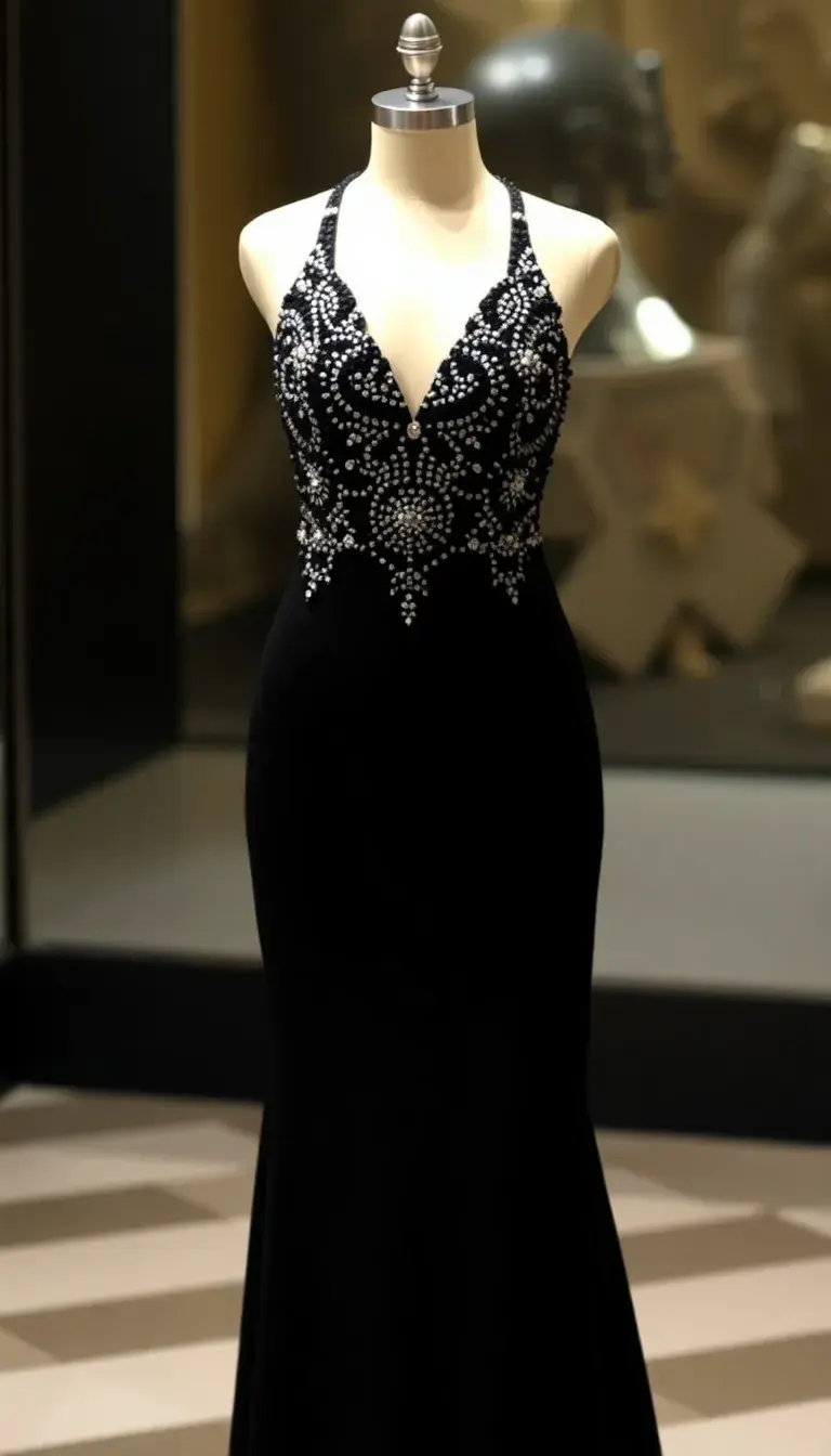 Black Beaded Evening Prom Dress V-neck