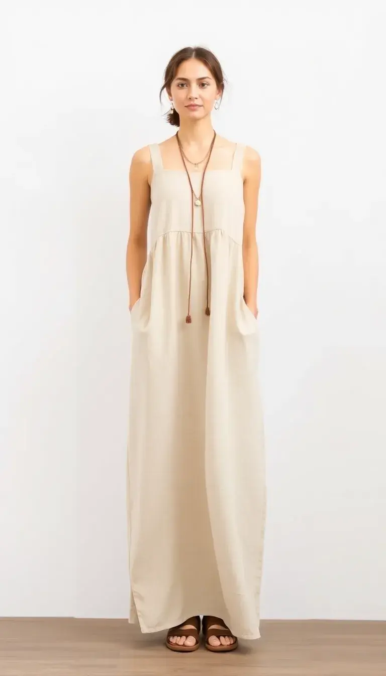 Linen Smock Maxi Dress in Beige