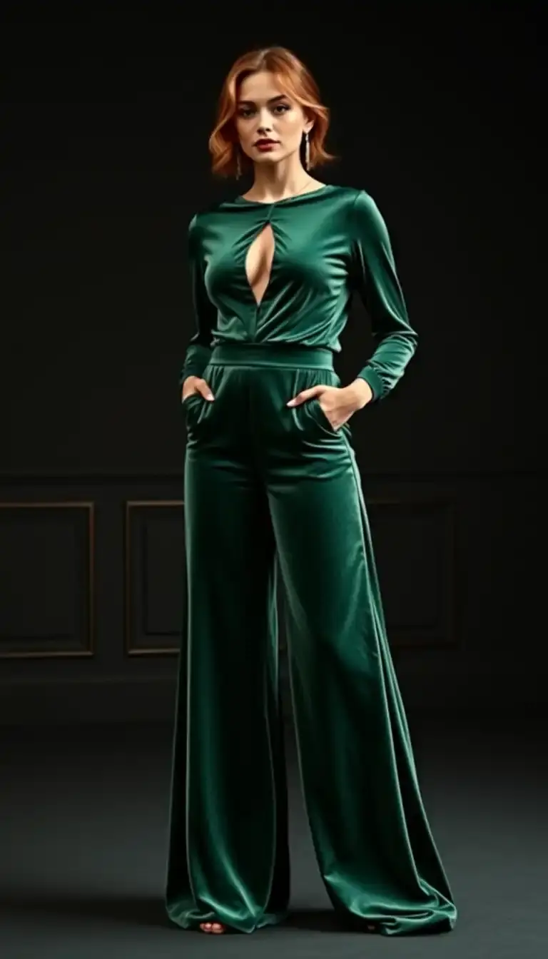 Green Velvet Wide Leg Pants Evening Wear