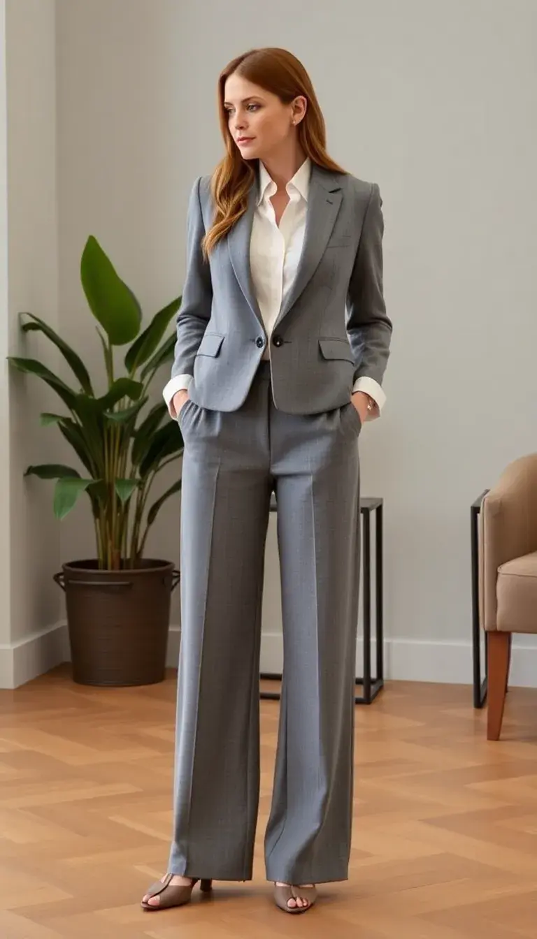 Grey Wool Blend Wide Leg Pants