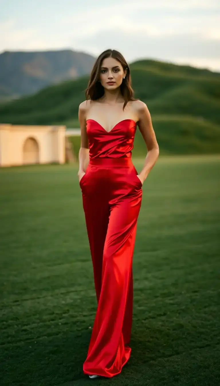 Red Satin Wide Leg Dress Pants Womens