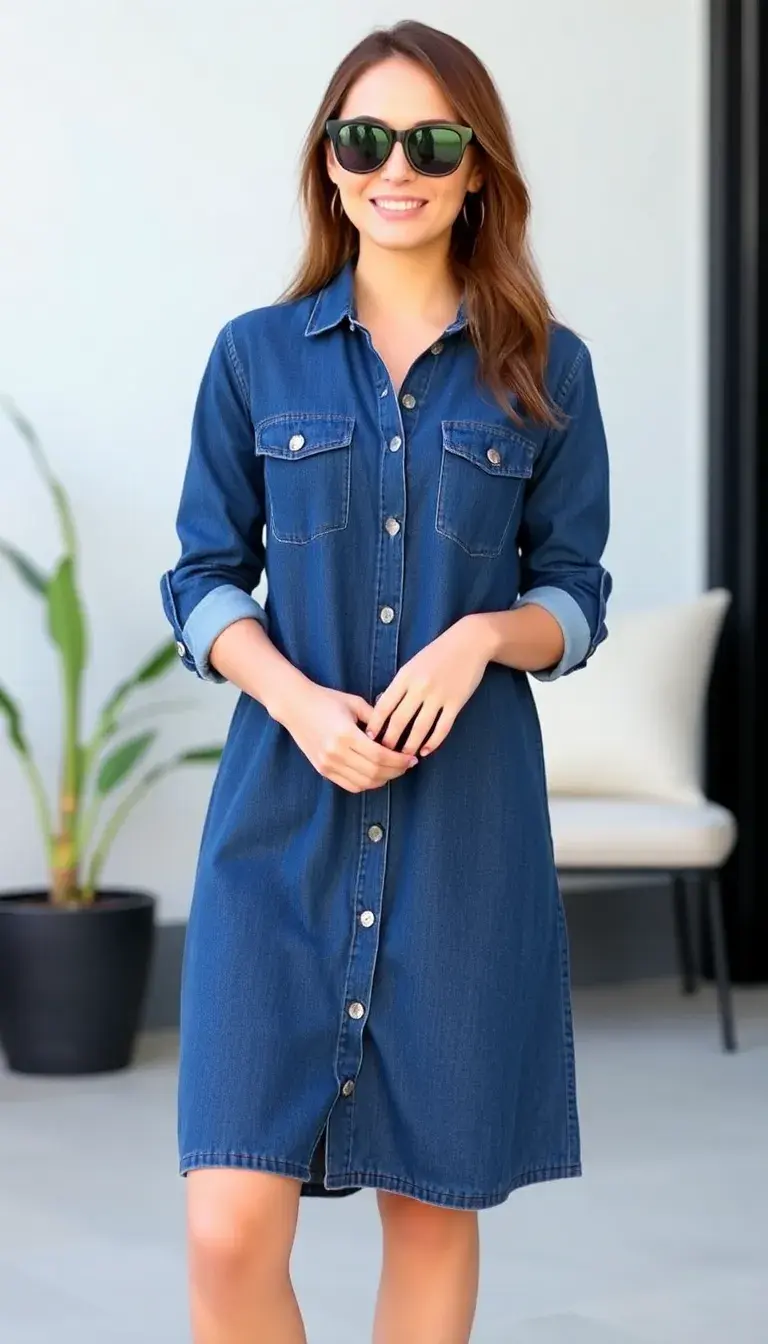 Casual denim shirt dress, button-down, knee-length, on model
