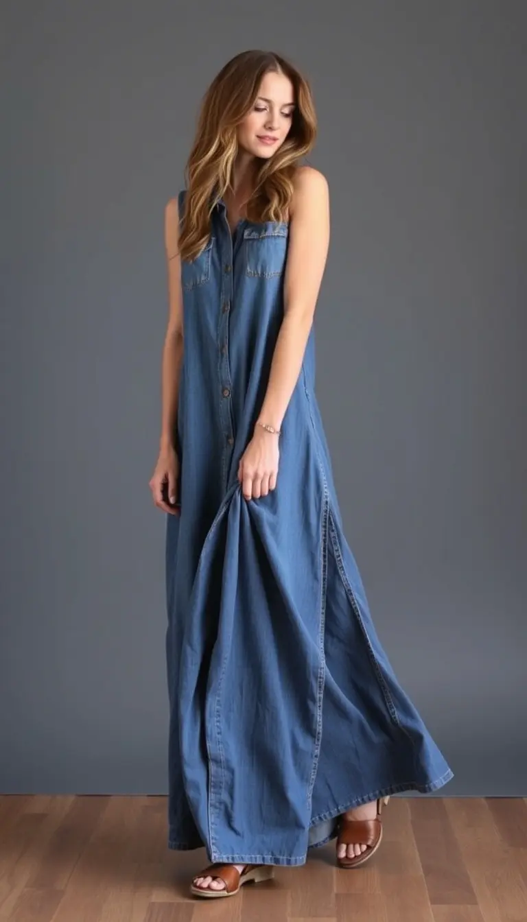 Long denim maxi dress, sleeveless, flowy, casual