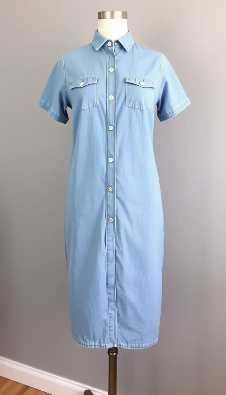 Simple denim shift dress, pockets, midi, on mannequin