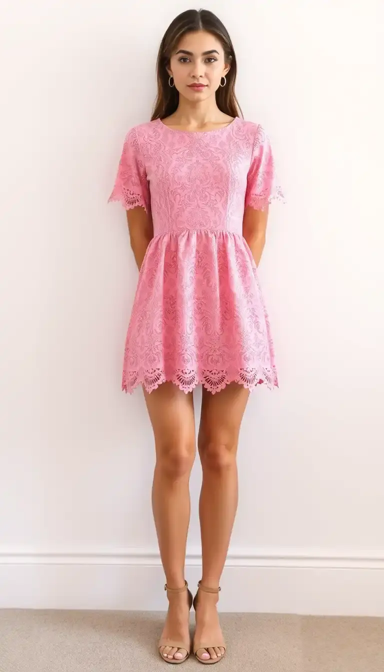 Pink Lace Dress with Scalloped Hem